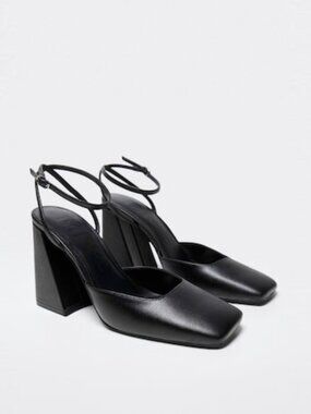 Mango Disco Heels Square Toe Pumps Slingback Ankle Strap Block Heel Criss Cross